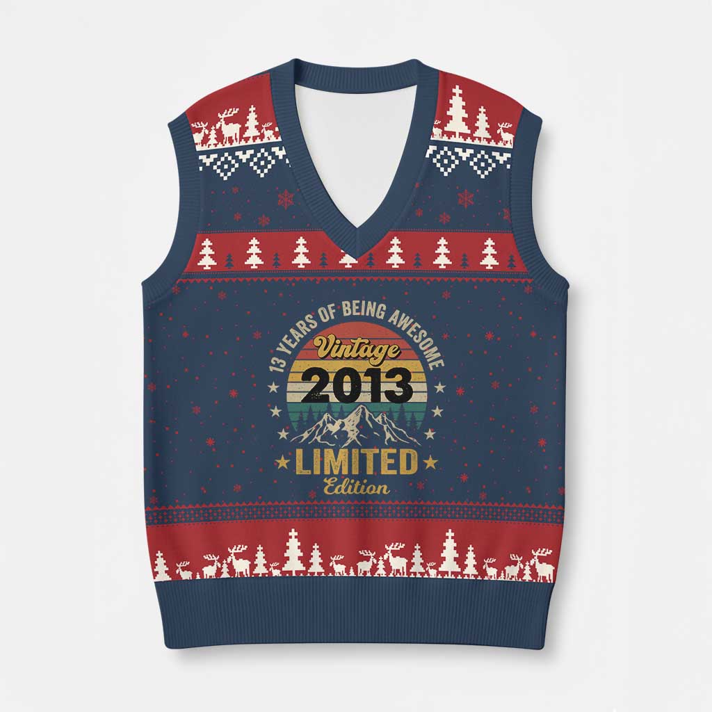 13th Birthday V-Neck Knit Sweater Vest Vintage 2013 Limited Edition Retro 13 Years Of Being Awesome Mountain