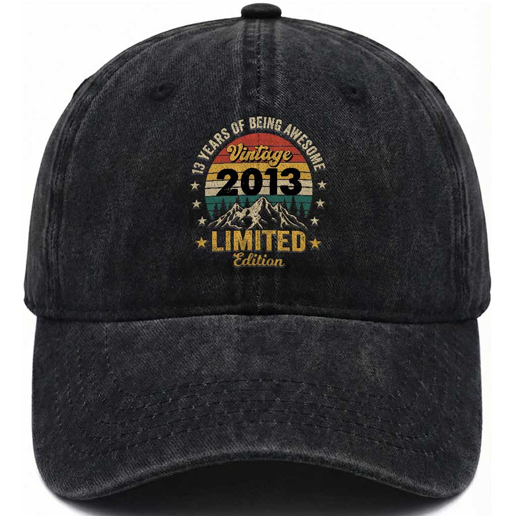 13th Birthday Washed Cotton Baseball Cap Vintage 2013 Limited Edition Retro 13 Years Of Being Awesome Mountain