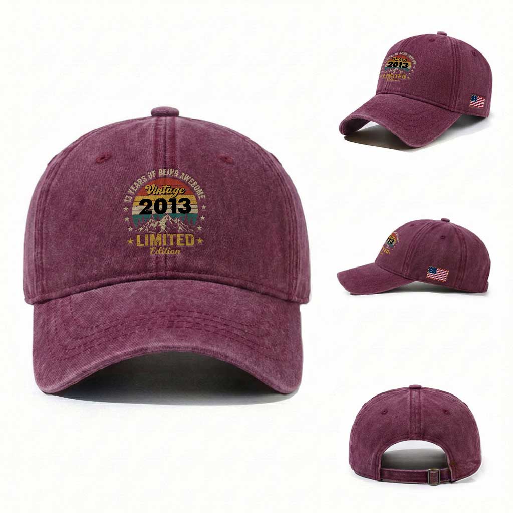 13th Birthday Washed Cotton Baseball Cap Vintage 2013 Limited Edition Retro 13 Years Of Being Awesome Mountain