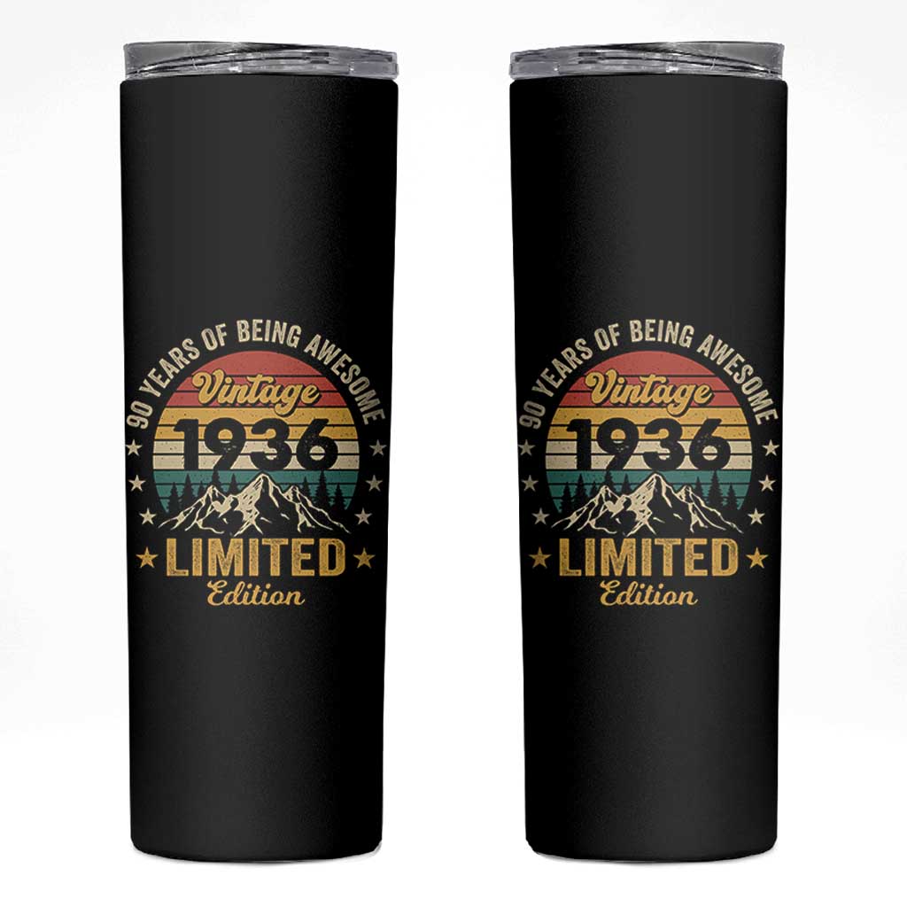 90th Birthday Skinny Tumbler Vintage 1936 Limited Edition Retro 90 Years Of Being Awesome Mountain