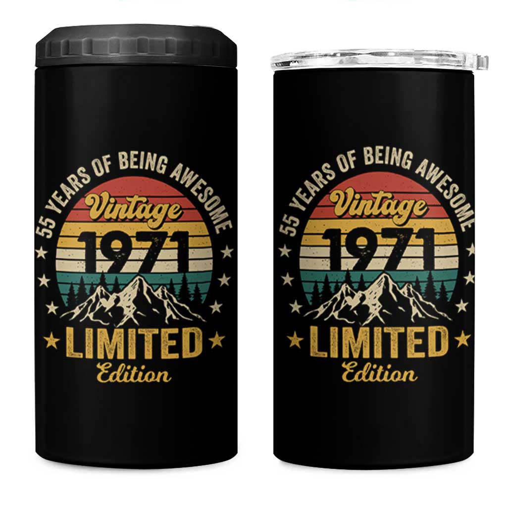 55th Birthday 4 in 1 Can Cooler Tumbler Vintage 1971 Limited Edition Retro 55 Years Of Being Awesome Mountain