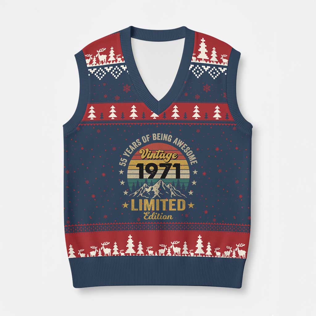 55th Birthday V-Neck Knit Sweater Vest Vintage 1971 Limited Edition Retro 55 Years Of Being Awesome Mountain
