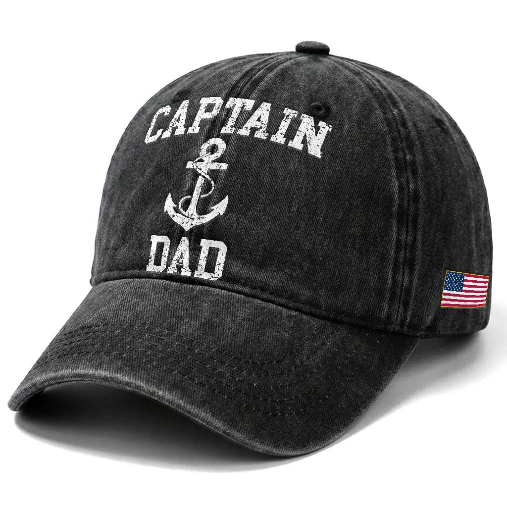 Captain Dad Washed Cotton Baseball Cap Boat Pontoon Father Fishing Sailor