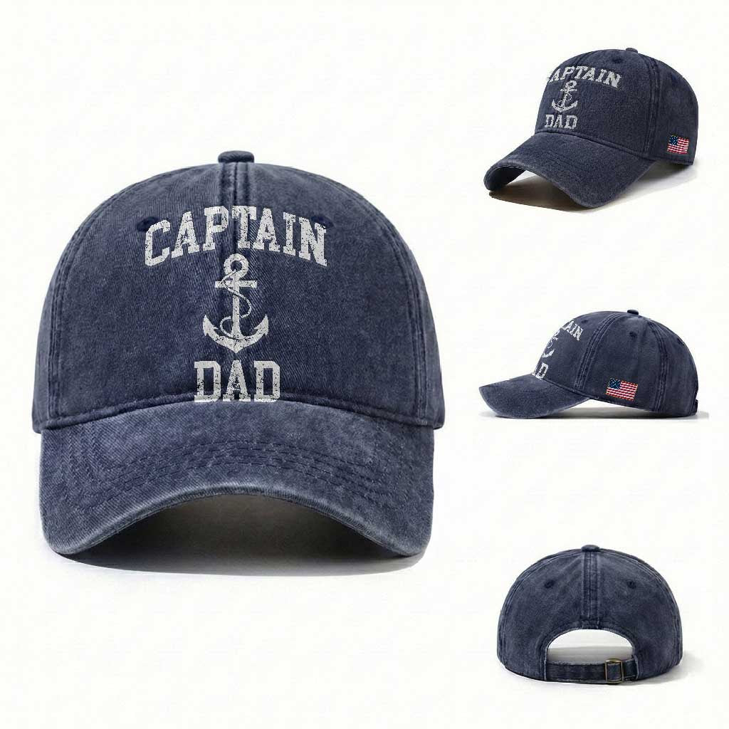 Captain Dad Washed Cotton Baseball Cap Boat Pontoon Father Fishing Sailor