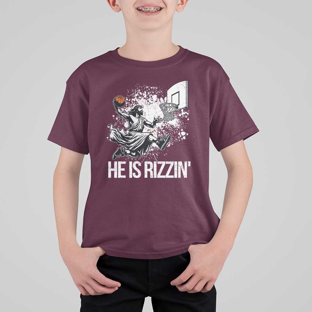 Funny Jesus Basketball T Shirt For Kid He Is Rizzin Sport Player Meme - Wonder Print Shop