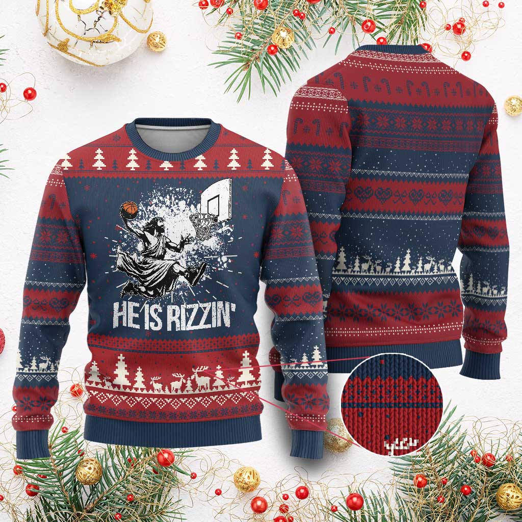 Funny Jesus Basketball Ugly Christmas Sweater He Is Rizzin Sport Player Meme - Wonder Print Shop