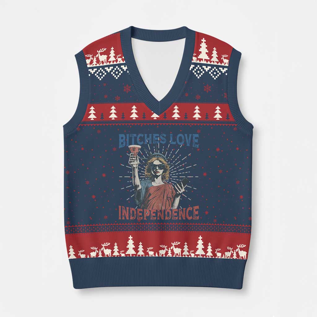Funny Bitches Love Independence 4th Of July V-Neck Knit Sweater Vest Retro Statue Of Liberty - Wonder Print Shop