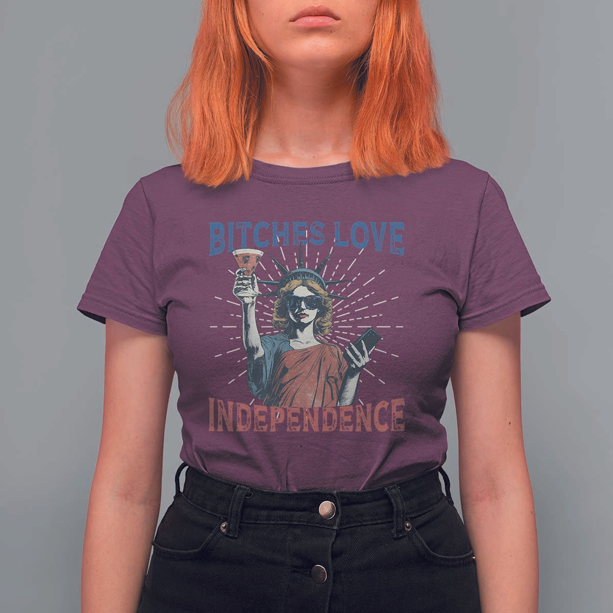 Funny Bitches Love Independence 4th Of July T Shirt For Women Retro Statue Of Liberty - Wonder Print Shop