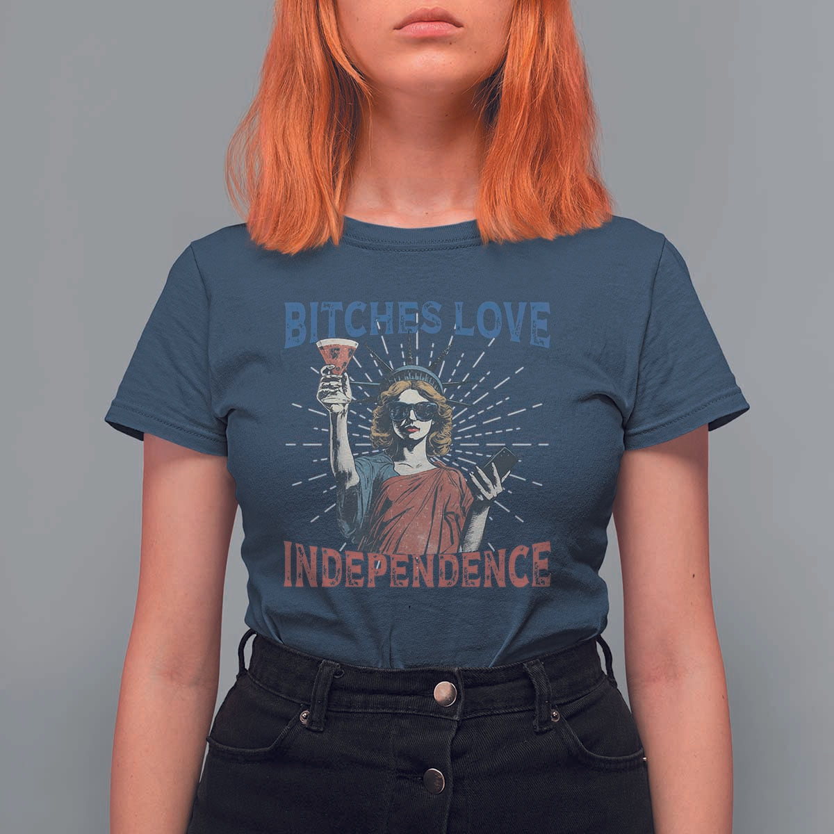Funny Bitches Love Independence 4th Of July T Shirt For Women Retro Statue Of Liberty - Wonder Print Shop