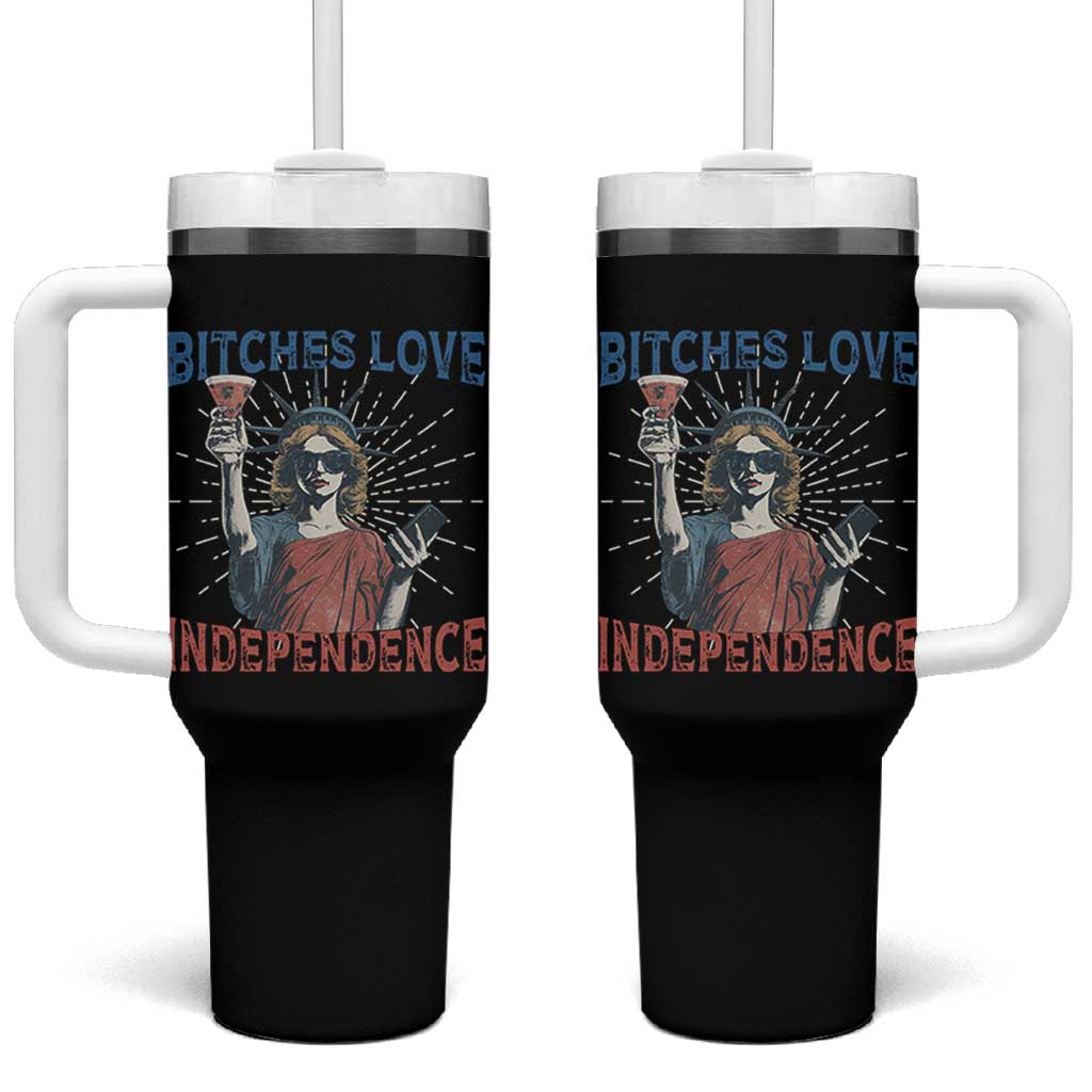 Funny Bitches Love Independence 4th Of July Tumbler With Handle Retro Statue Of Liberty - Wonder Print Shop