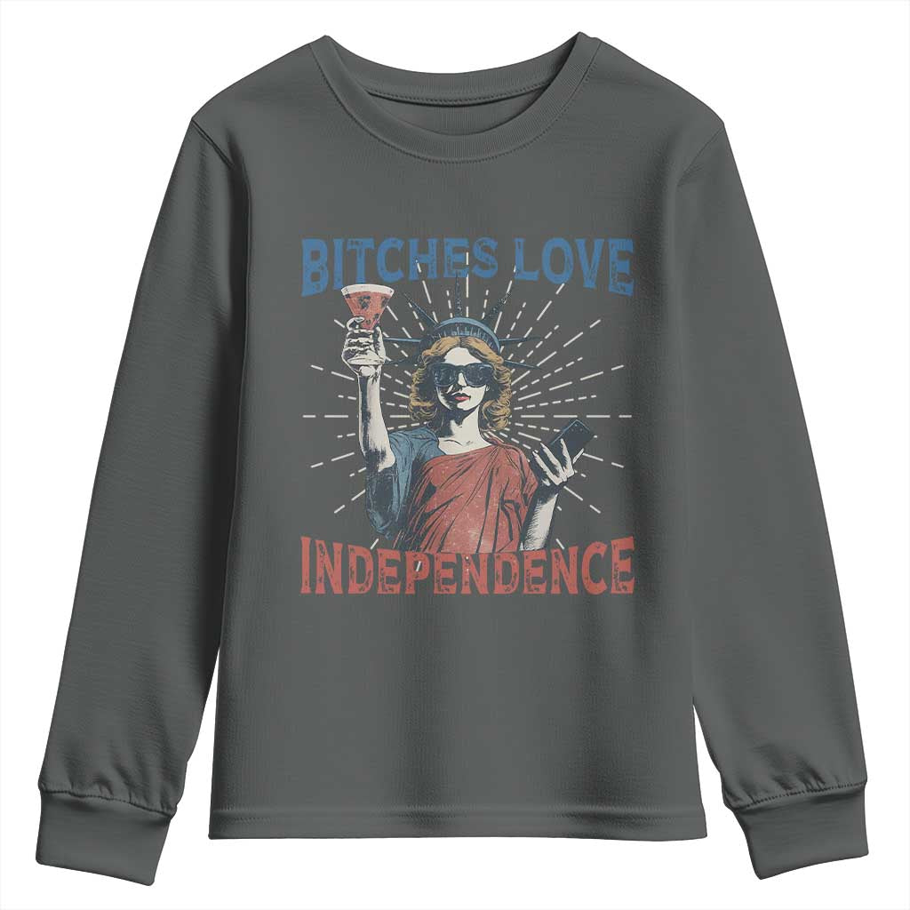 Funny Bitches Love Independence 4th Of July Youth Sweatshirt Retro Statue Of Liberty - Wonder Print Shop