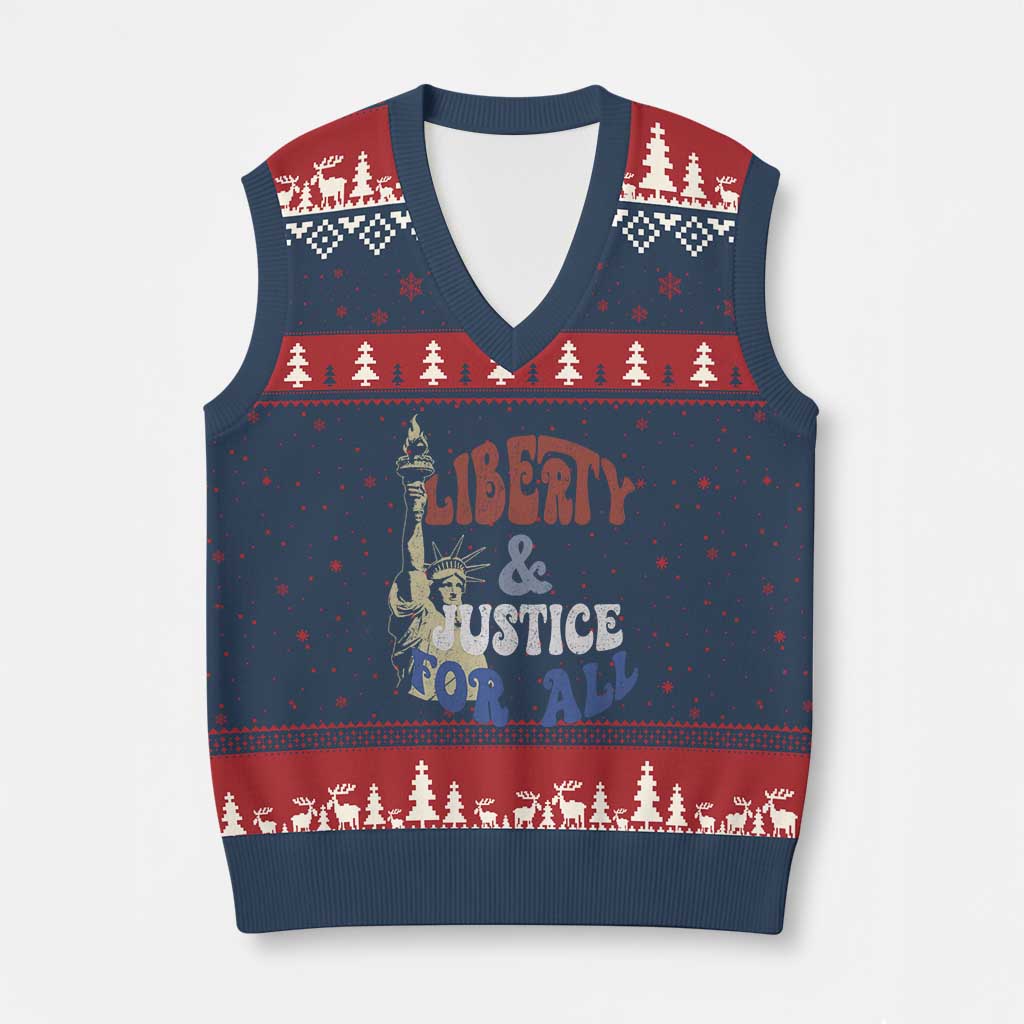 Funny 4th of July Liberty And Justice For All V-Neck Knit Sweater Vest Statue Of Liberty - Wonder Print Shop