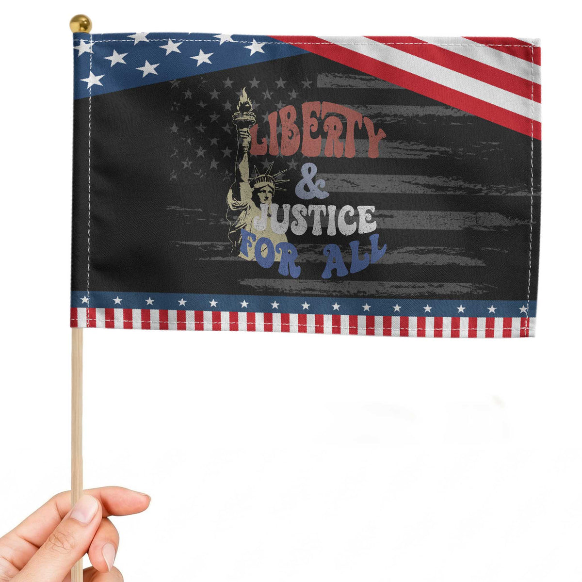 Funny 4th of July Liberty And Justice For All Patriotic Handheld Flag Statue Of Liberty