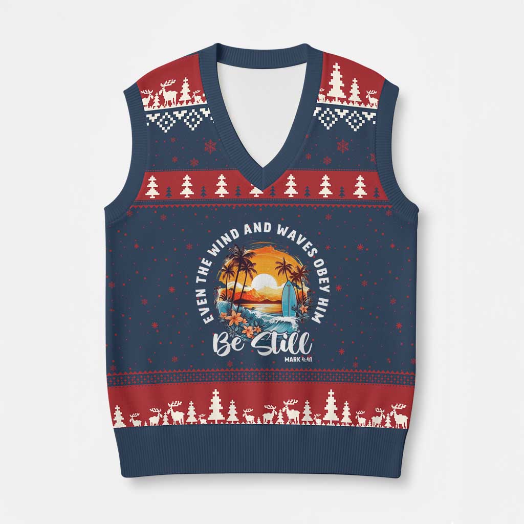 Even The Wind And Waves Obey Him Be Still V-Neck Knit Sweater Vest Christian Bible Verse Summer Vacation - Wonder Print Shop