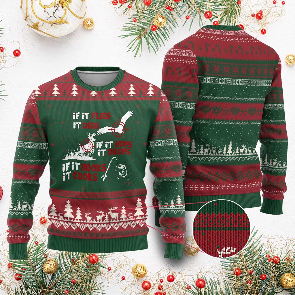 Funny Fishing Hunting Ugly Christmas Sweater If It Flies It Dies If It Hops It Drops If It Hooks It Cooks - Wonder Print Shop