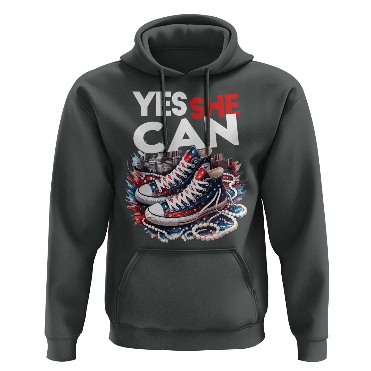 Harris 2024 Hoodie Yes She Can Chucks And Pearls American Flag - Wonder Print Shop