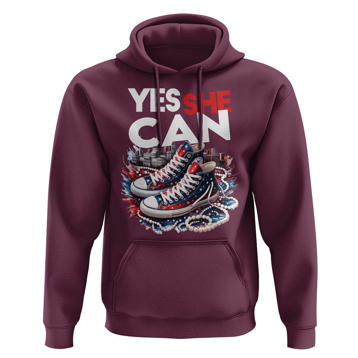 Harris 2024 Hoodie Yes She Can Chucks And Pearls American Flag - Wonder Print Shop