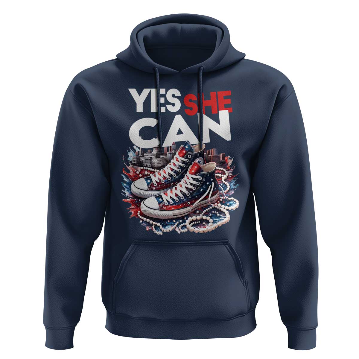 Harris 2024 Hoodie Yes She Can Chucks And Pearls American Flag - Wonder Print Shop