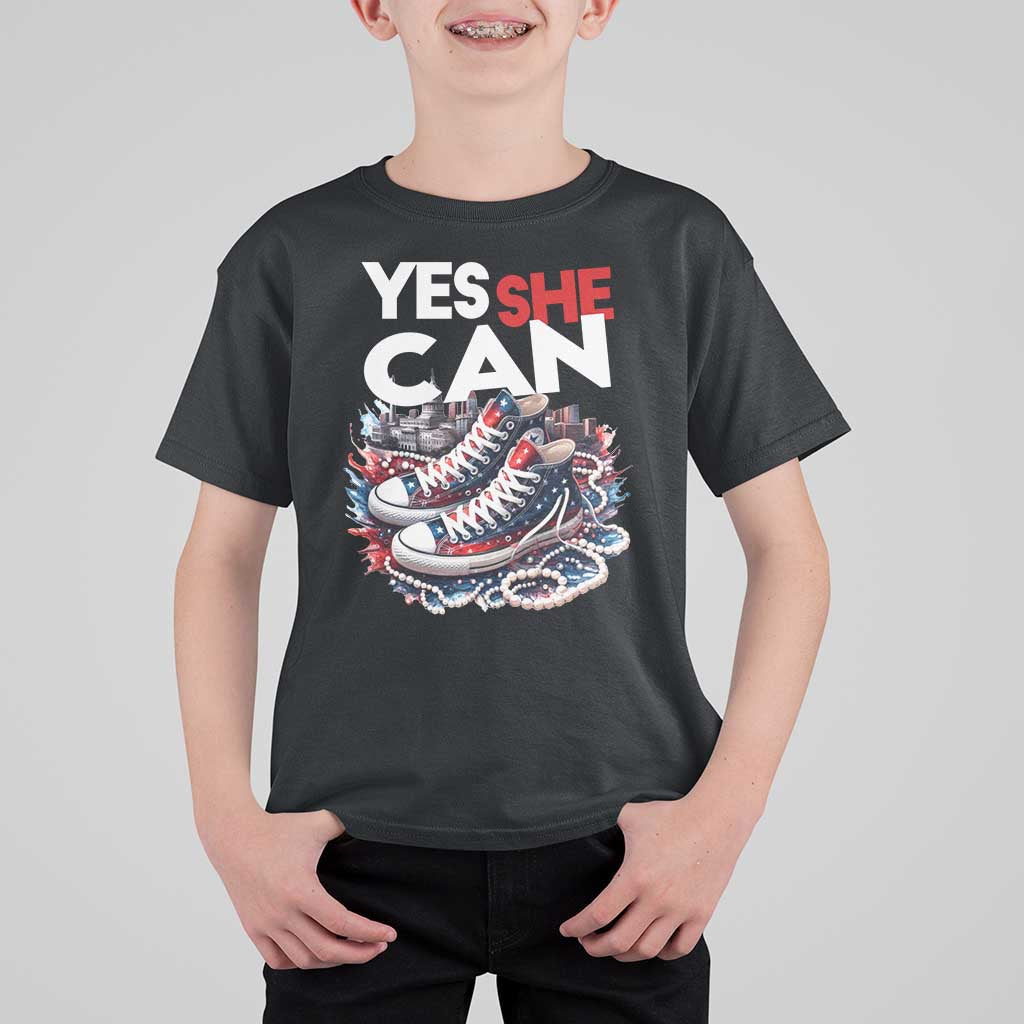 Harris 2024 T Shirt For Kid Yes She Can Chucks And Pearls American Flag - Wonder Print Shop