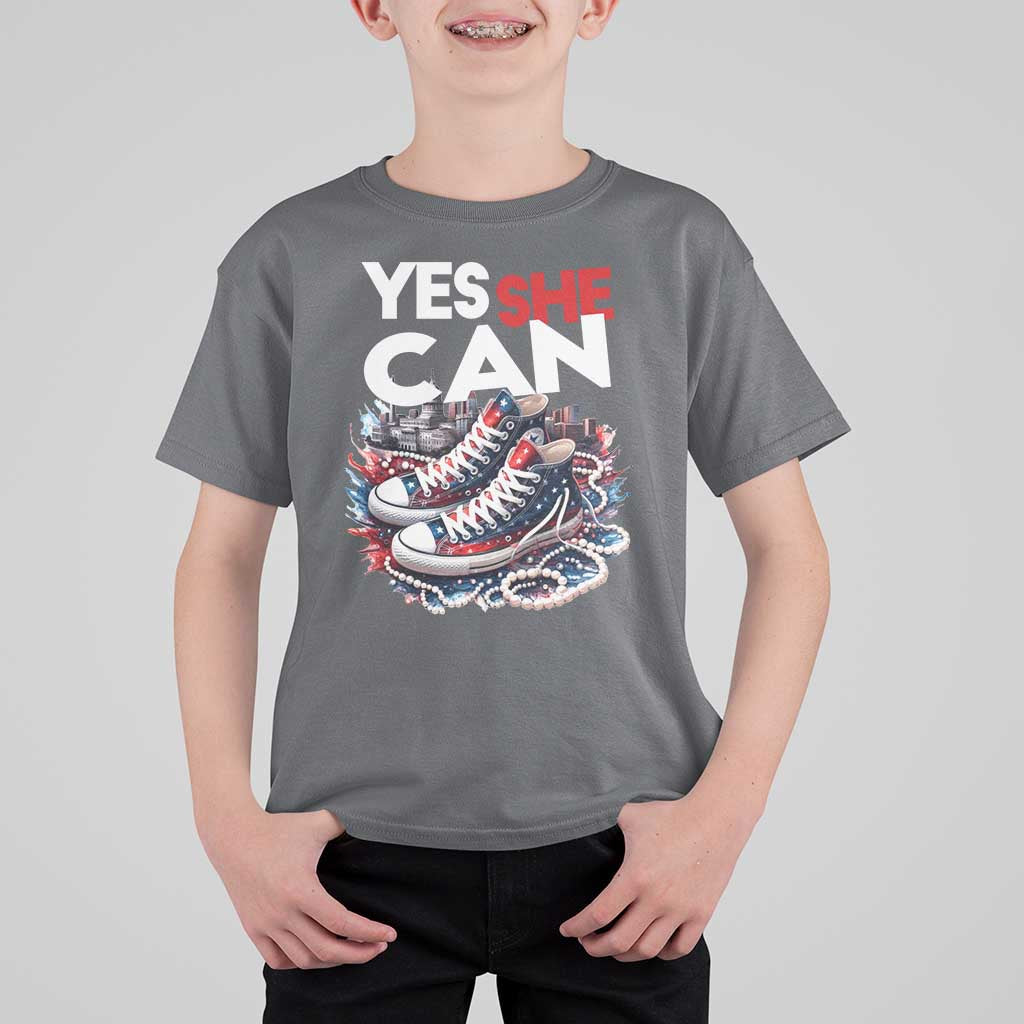 Harris 2024 T Shirt For Kid Yes She Can Chucks And Pearls American Flag - Wonder Print Shop