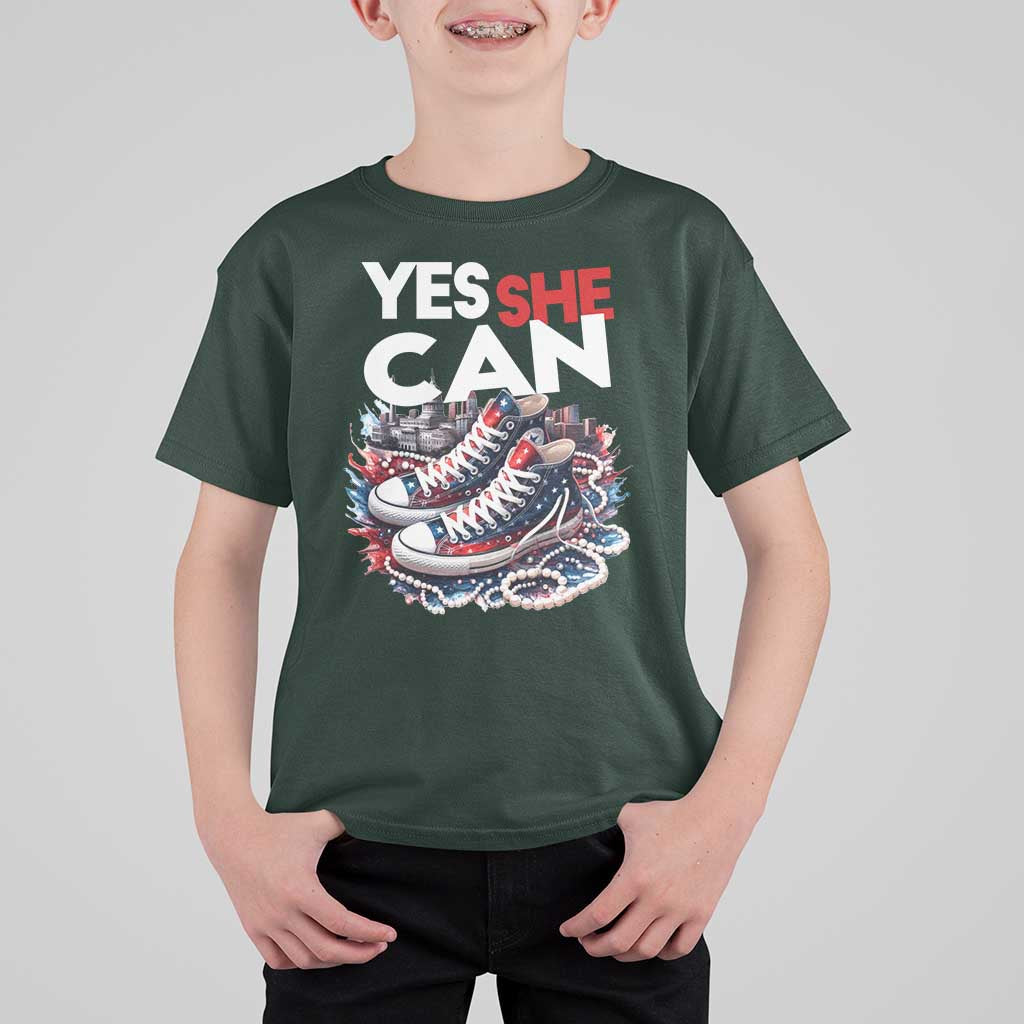 Harris 2024 T Shirt For Kid Yes She Can Chucks And Pearls American Flag - Wonder Print Shop