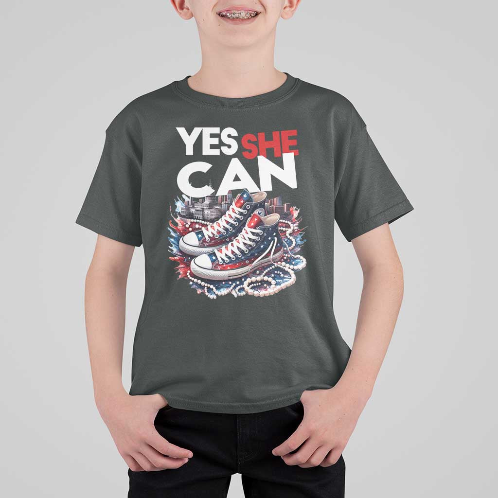 Harris 2024 T Shirt For Kid Yes She Can Chucks And Pearls American Flag - Wonder Print Shop