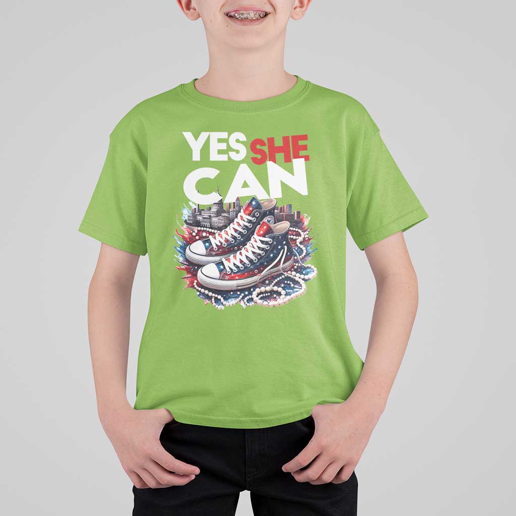 Harris 2024 T Shirt For Kid Yes She Can Chucks And Pearls American Flag - Wonder Print Shop