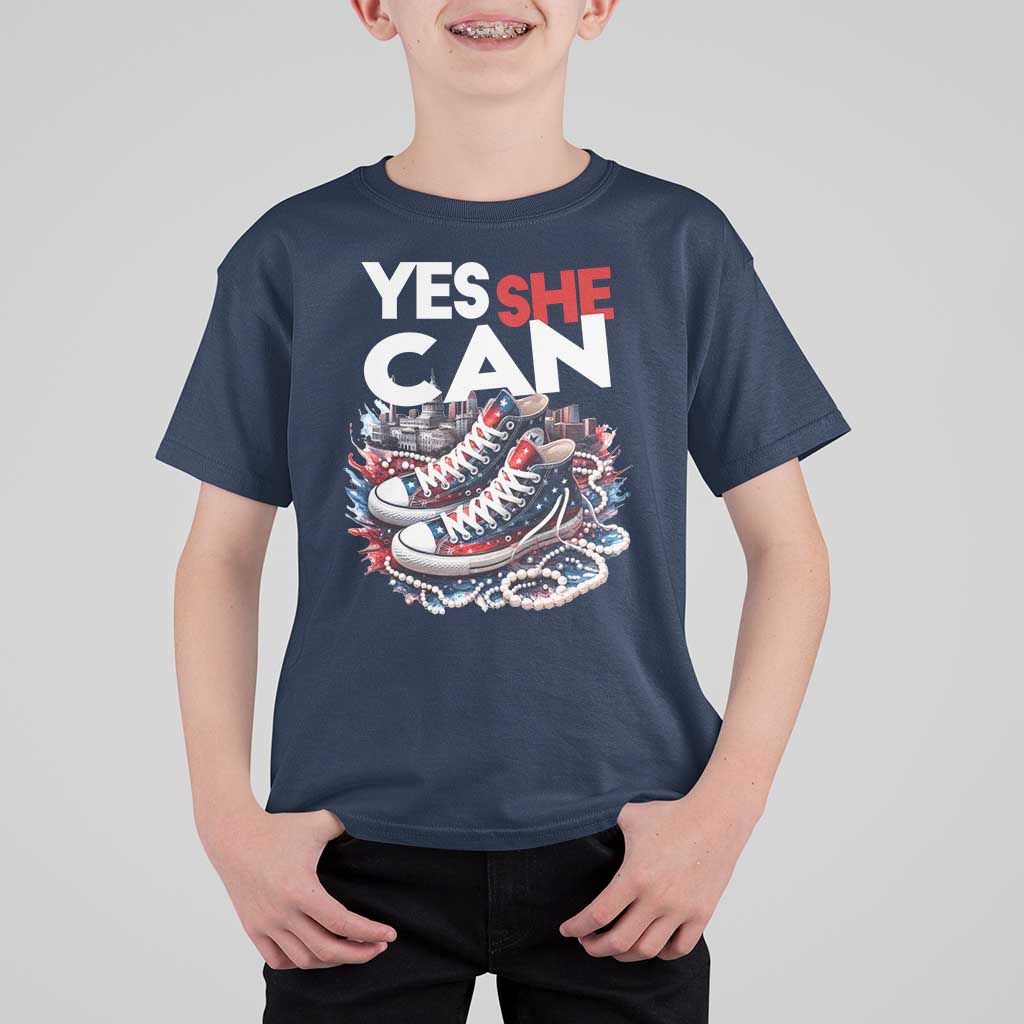 Harris 2024 T Shirt For Kid Yes She Can Chucks And Pearls American Flag - Wonder Print Shop