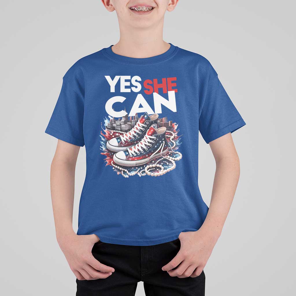 Harris 2024 T Shirt For Kid Yes She Can Chucks And Pearls American Flag - Wonder Print Shop