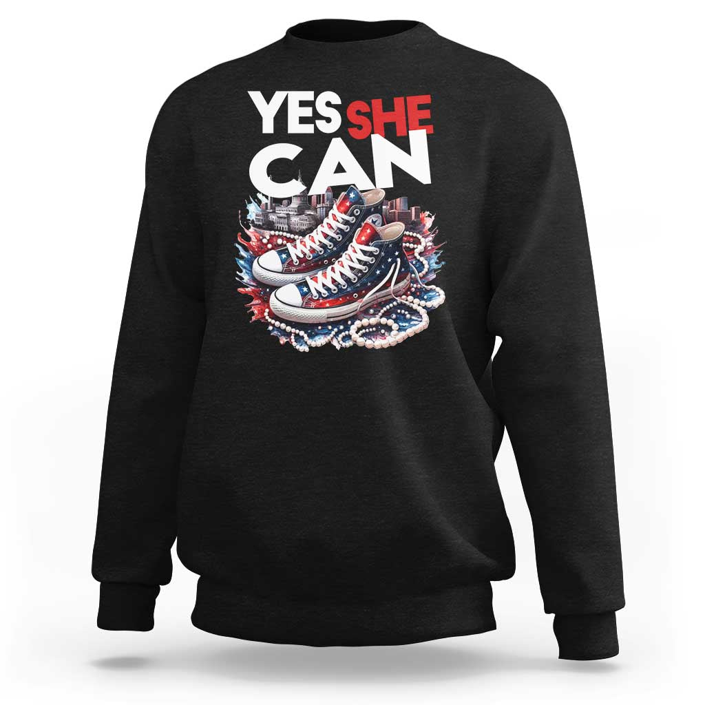 Harris 2024 Sweatshirt Yes She Can Chucks And Pearls American Flag - Wonder Print Shop