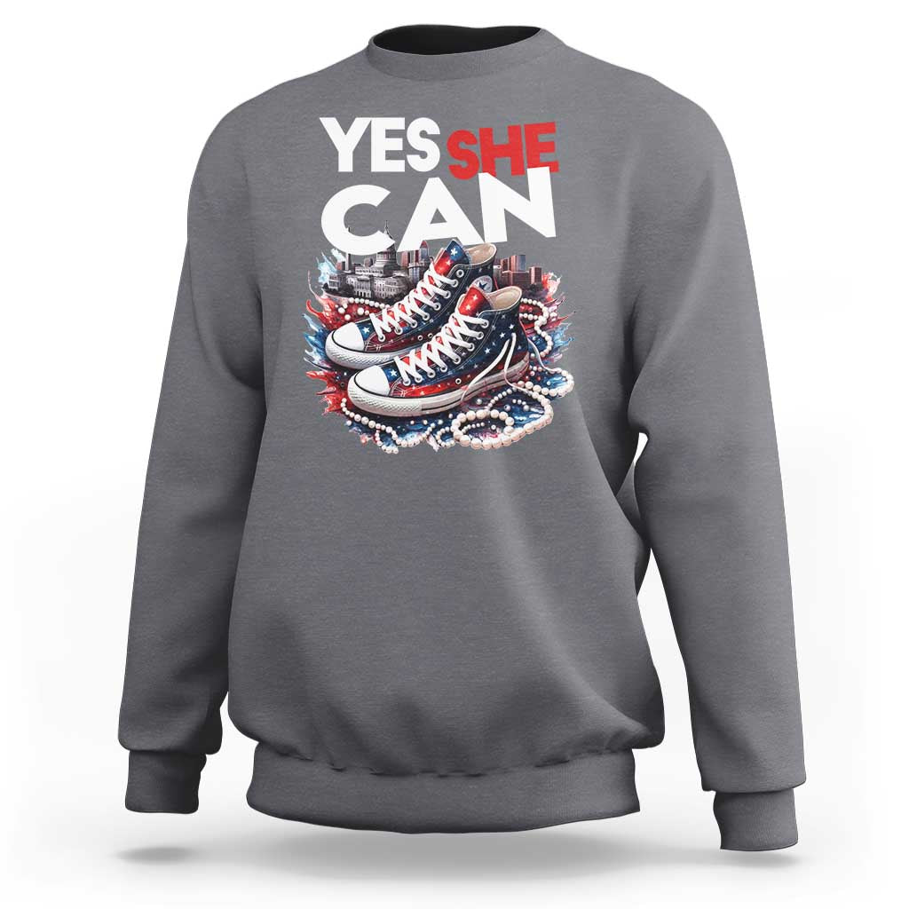 Harris 2024 Sweatshirt Yes She Can Chucks And Pearls American Flag - Wonder Print Shop