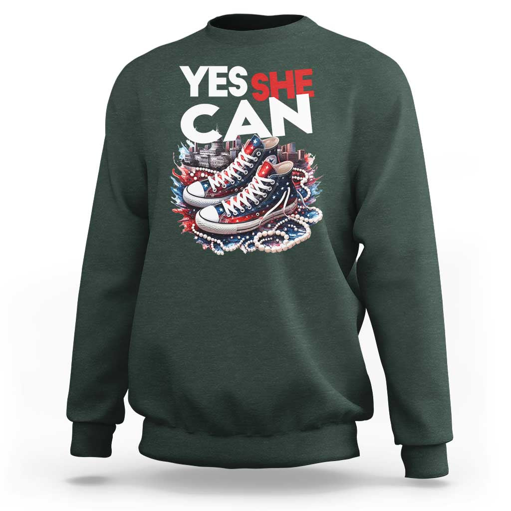 Harris 2024 Sweatshirt Yes She Can Chucks And Pearls American Flag - Wonder Print Shop