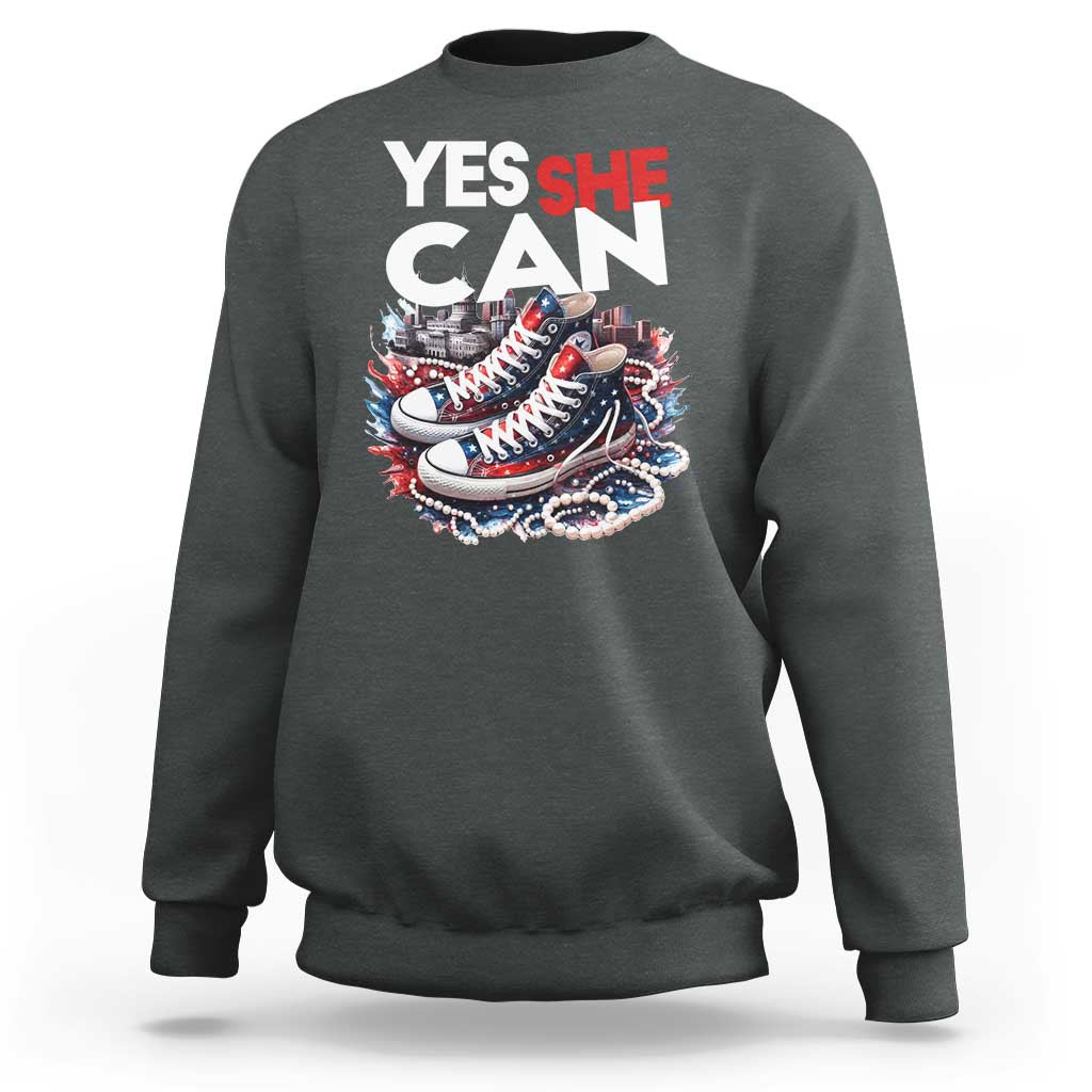 Harris 2024 Sweatshirt Yes She Can Chucks And Pearls American Flag - Wonder Print Shop