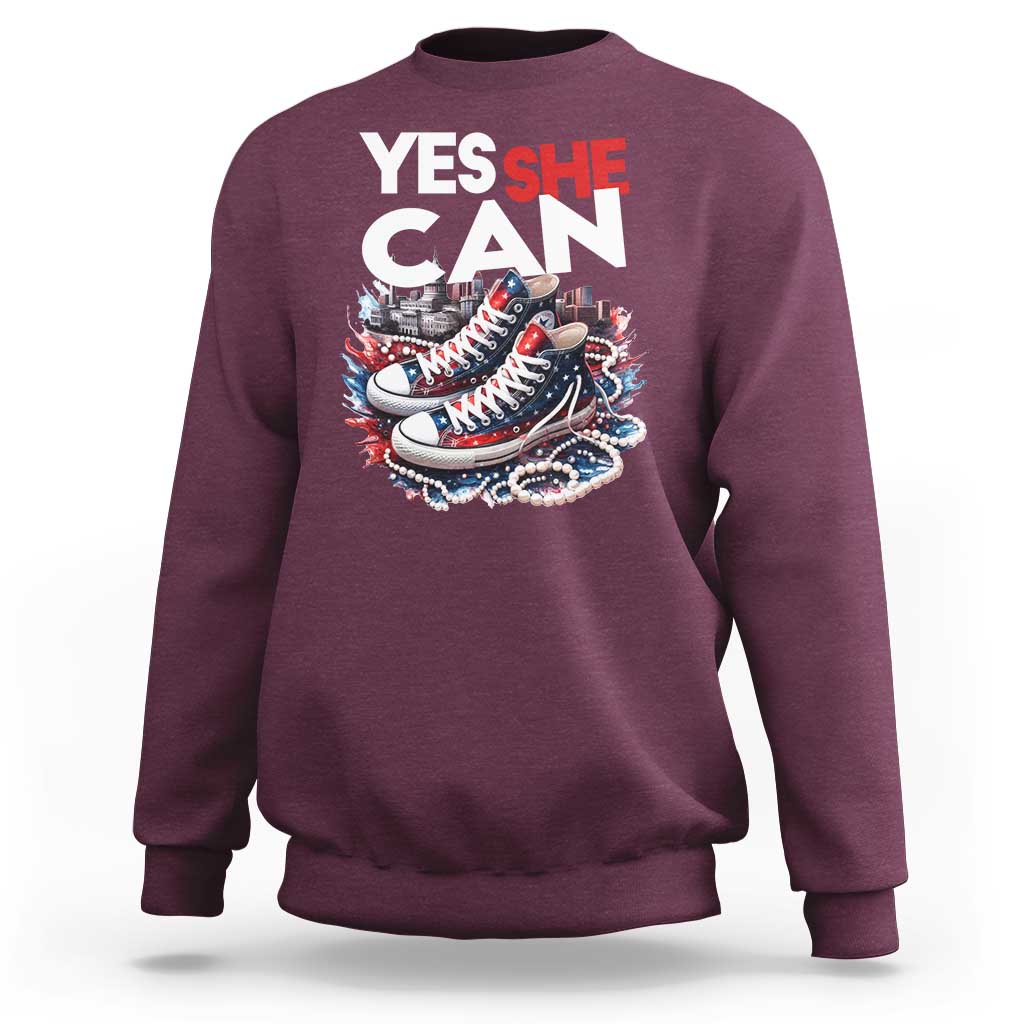 Harris 2024 Sweatshirt Yes She Can Chucks And Pearls American Flag - Wonder Print Shop