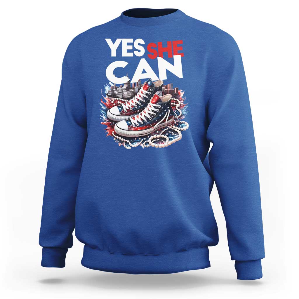 Harris 2024 Sweatshirt Yes She Can Chucks And Pearls American Flag - Wonder Print Shop