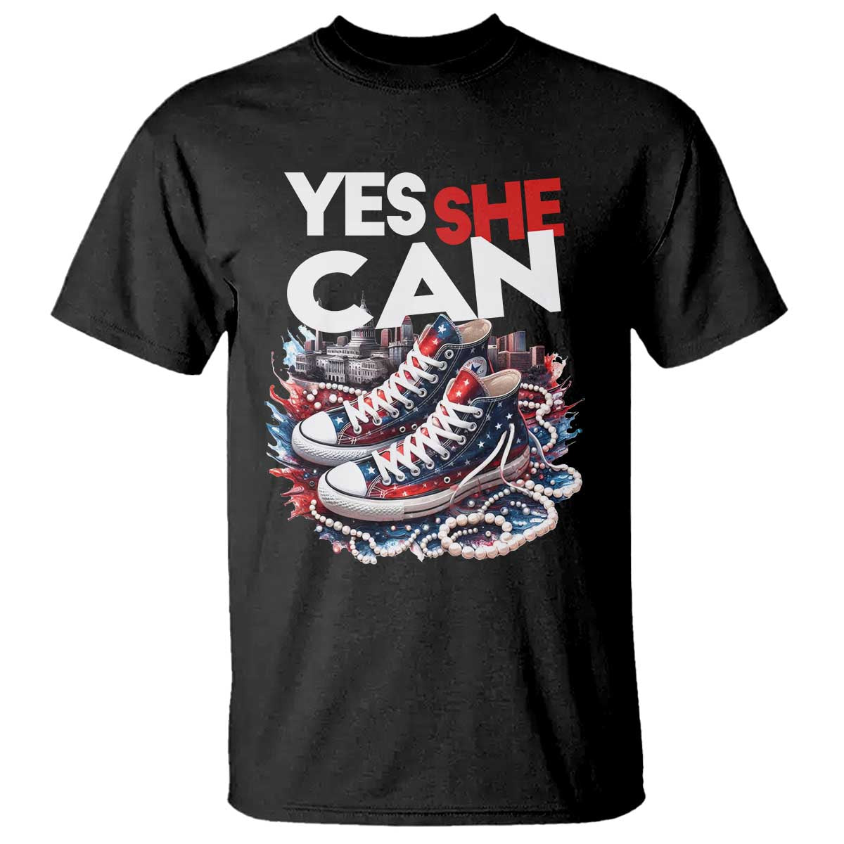 Harris 2024 T Shirt Yes She Can Chucks And Pearls American Flag - Wonder Print Shop