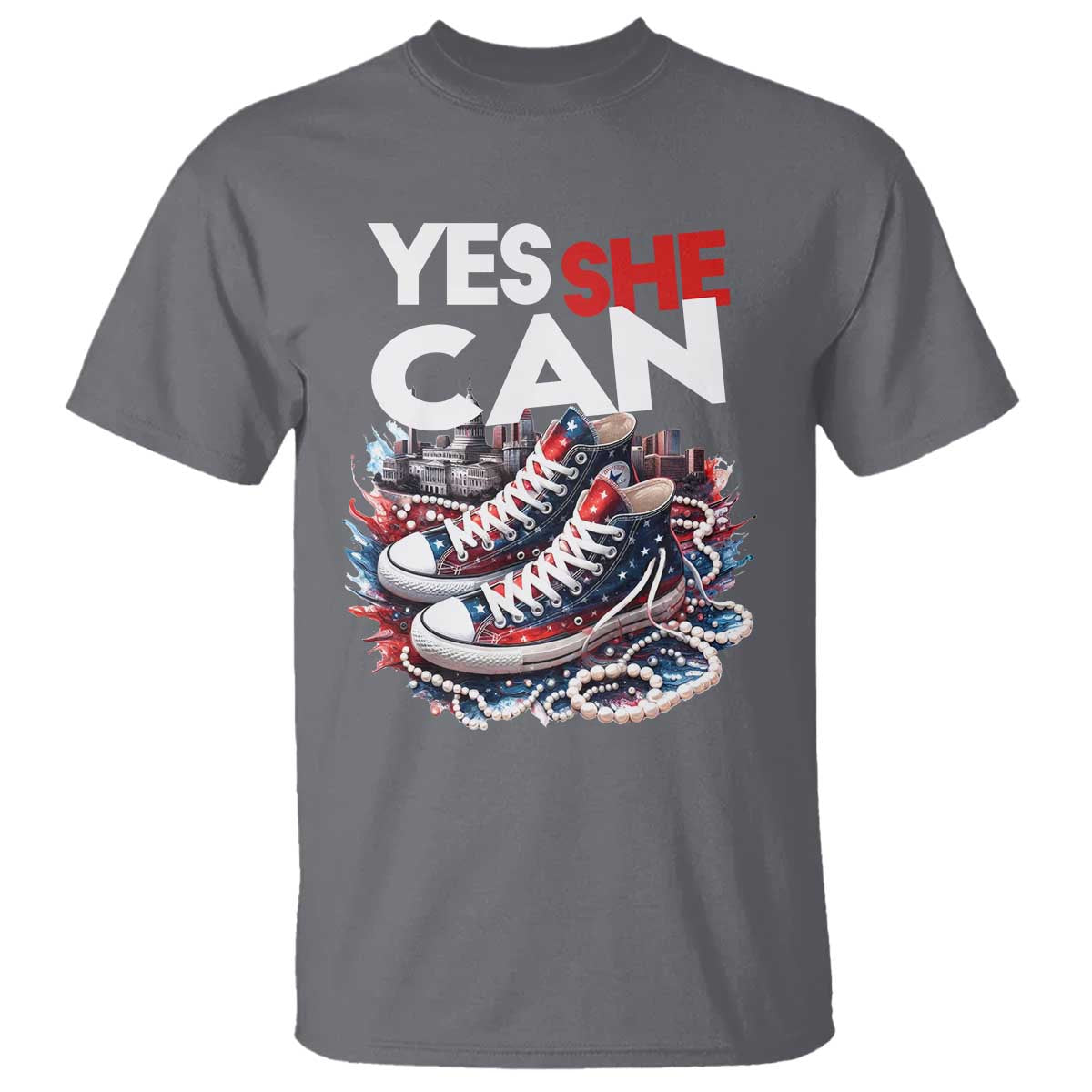Harris 2024 T Shirt Yes She Can Chucks And Pearls American Flag - Wonder Print Shop