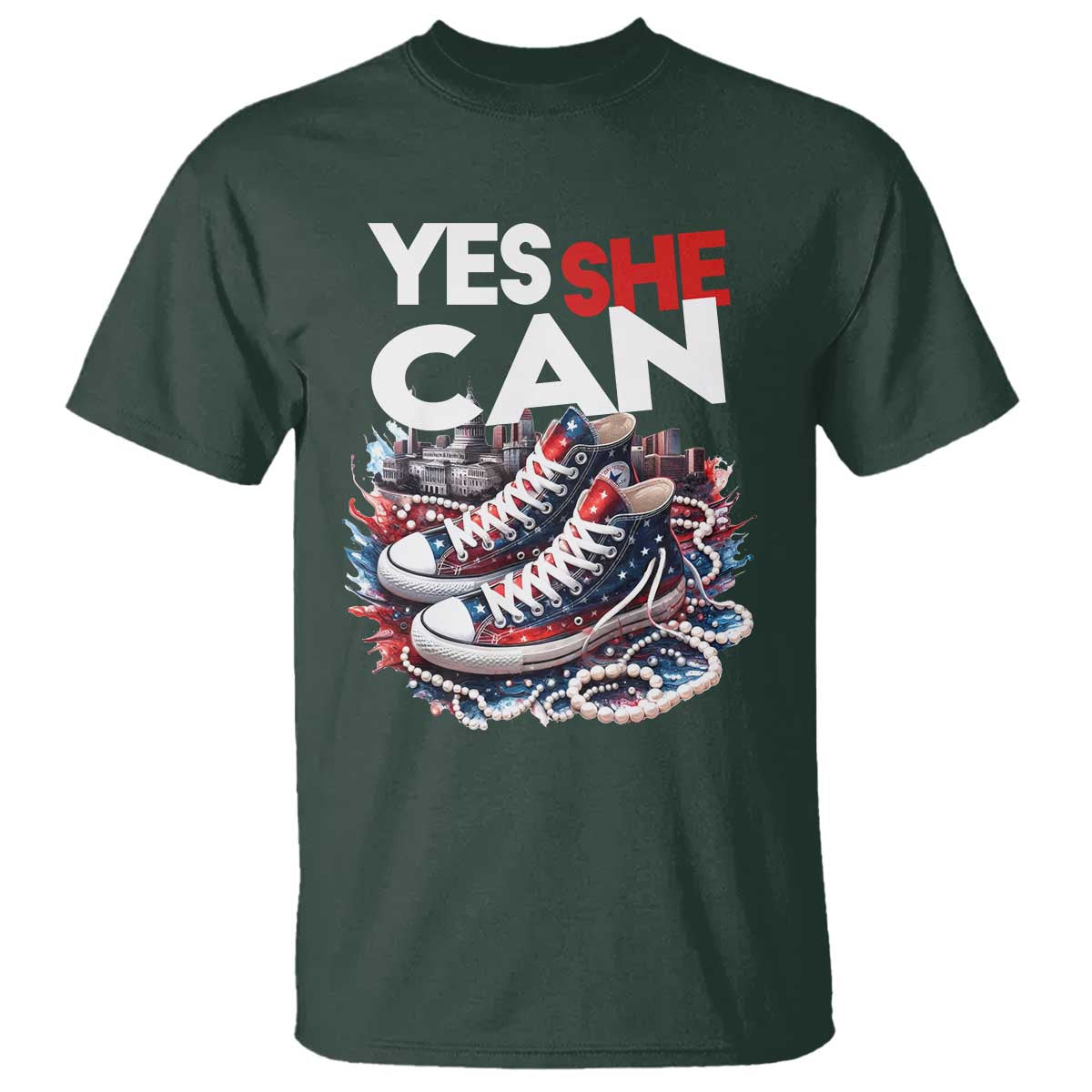 Harris 2024 T Shirt Yes She Can Chucks And Pearls American Flag - Wonder Print Shop
