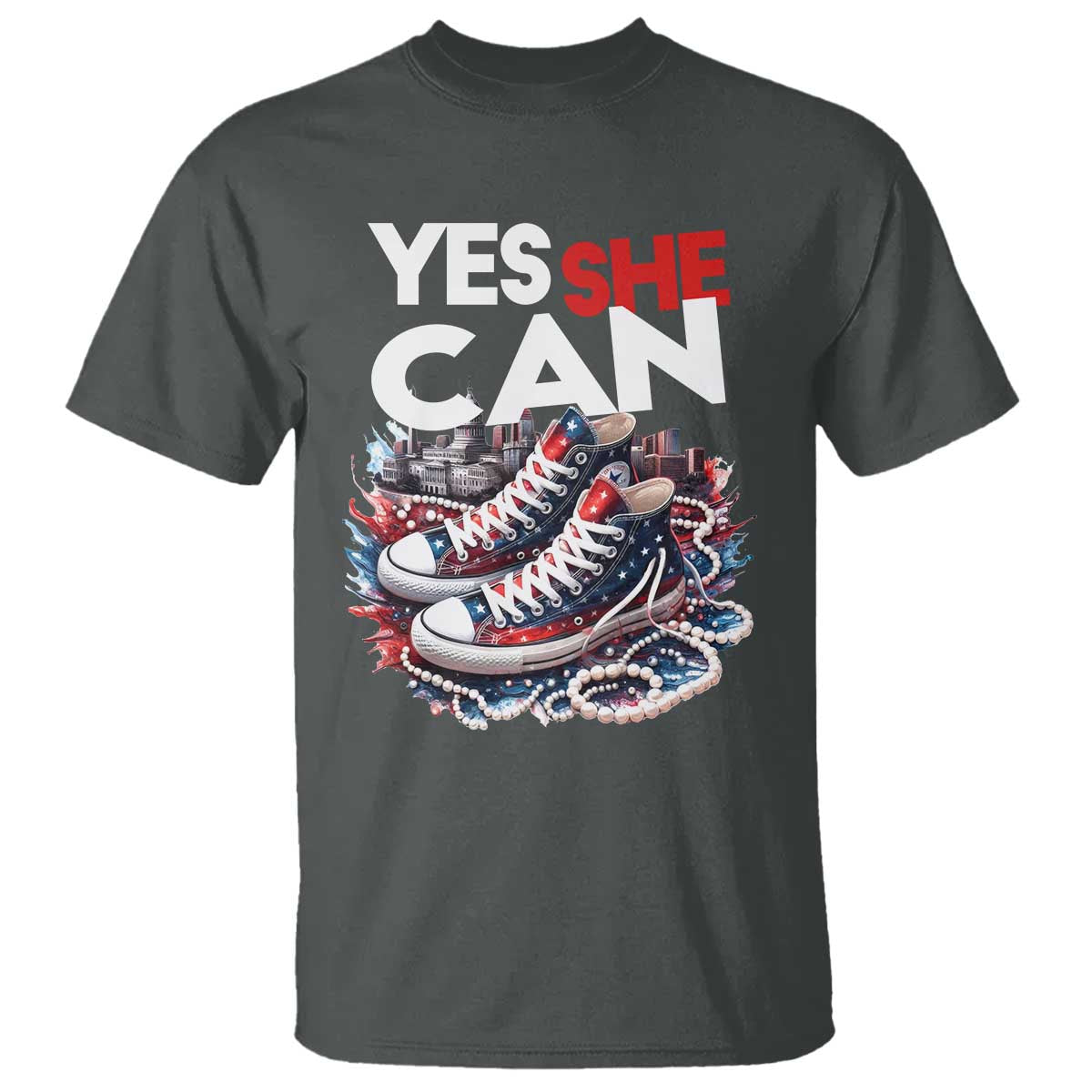 Harris 2024 T Shirt Yes She Can Chucks And Pearls American Flag - Wonder Print Shop