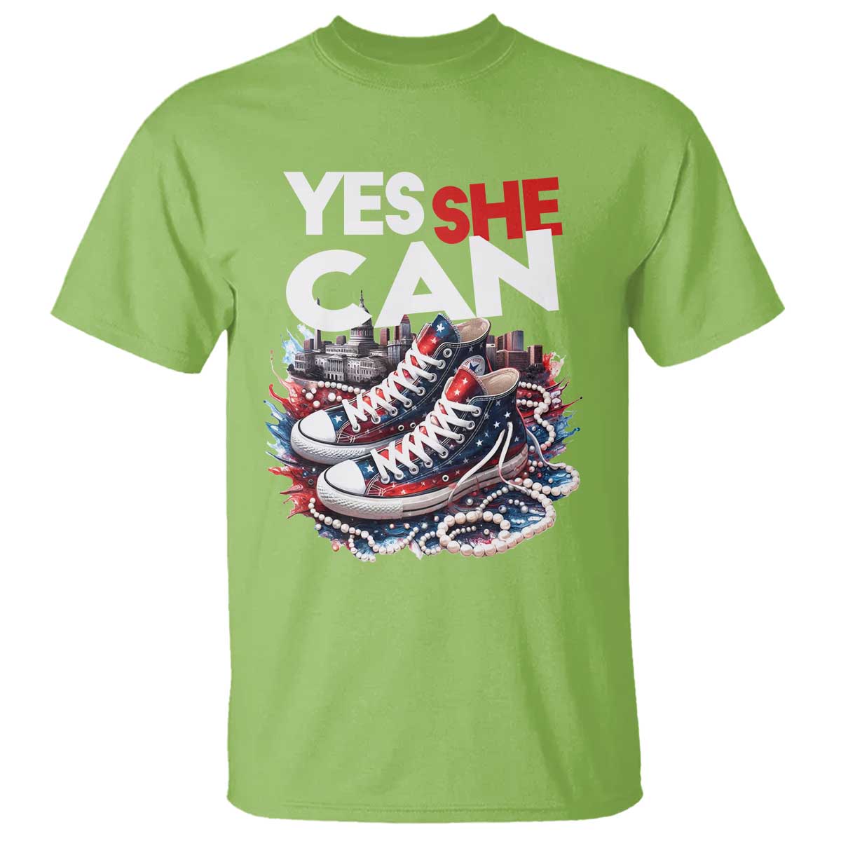 Harris 2024 T Shirt Yes She Can Chucks And Pearls American Flag - Wonder Print Shop