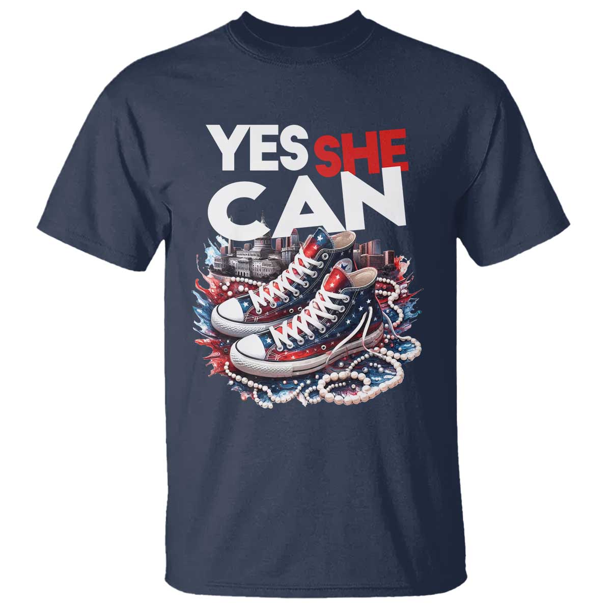 Harris 2024 T Shirt Yes She Can Chucks And Pearls American Flag - Wonder Print Shop
