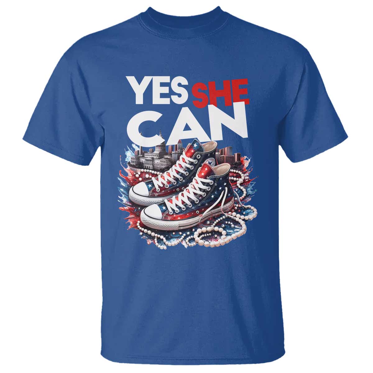 Harris 2024 T Shirt Yes She Can Chucks And Pearls American Flag - Wonder Print Shop