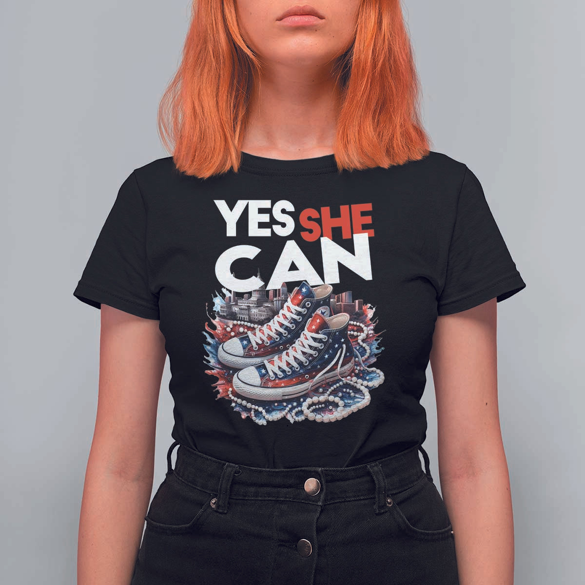 Harris 2024 T Shirt For Women Yes She Can Chucks And Pearls American Flag - Wonder Print Shop