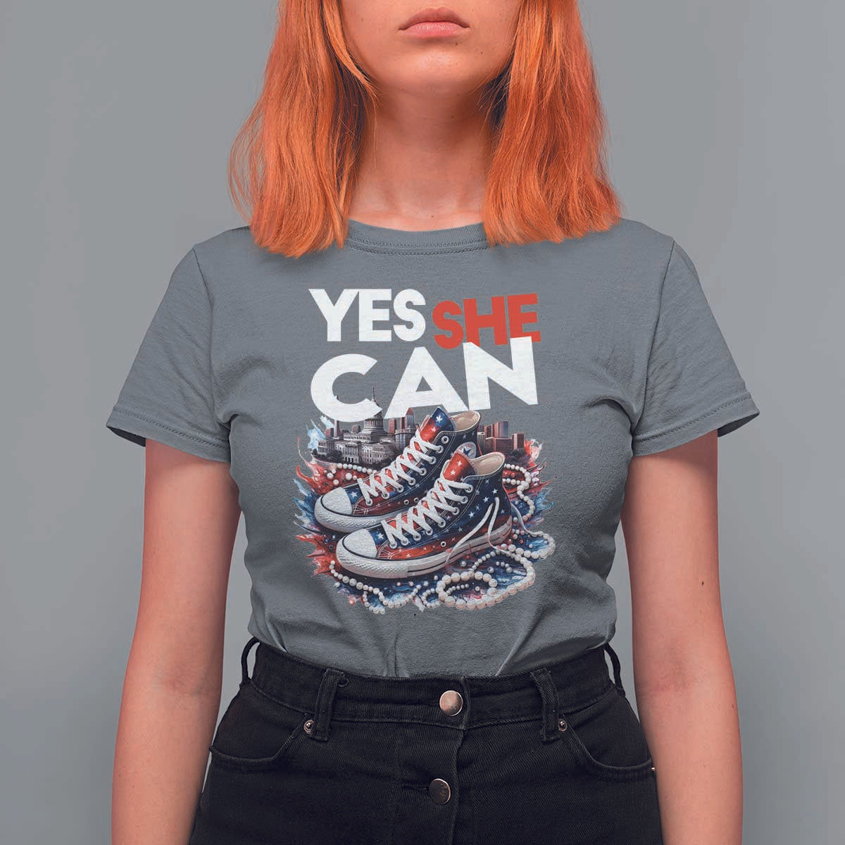 Harris 2024 T Shirt For Women Yes She Can Chucks And Pearls American Flag - Wonder Print Shop