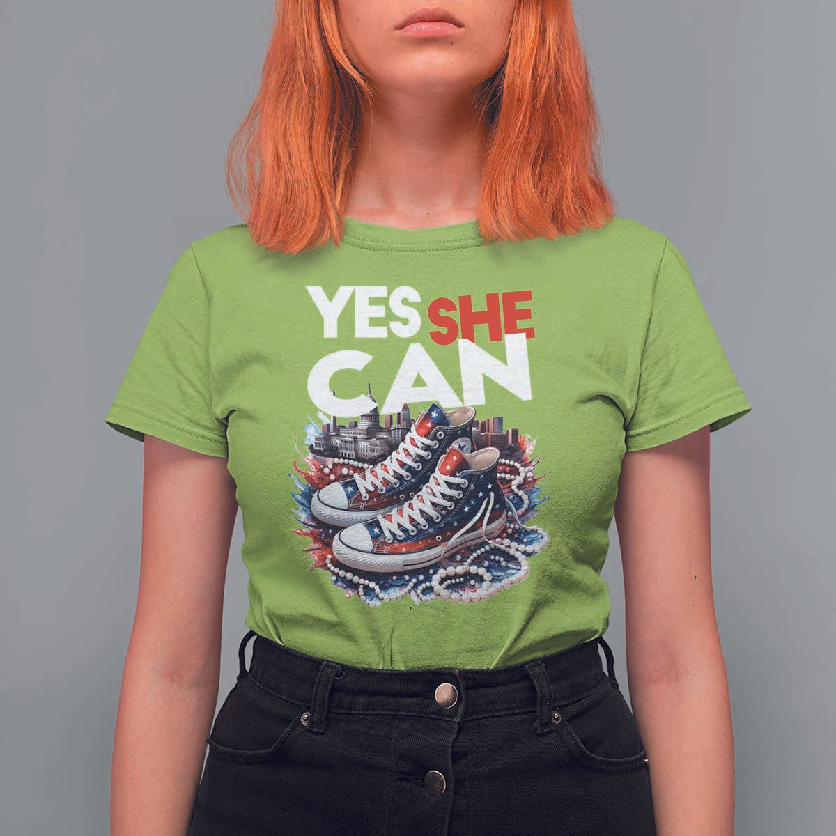 Harris 2024 T Shirt For Women Yes She Can Chucks And Pearls American Flag - Wonder Print Shop