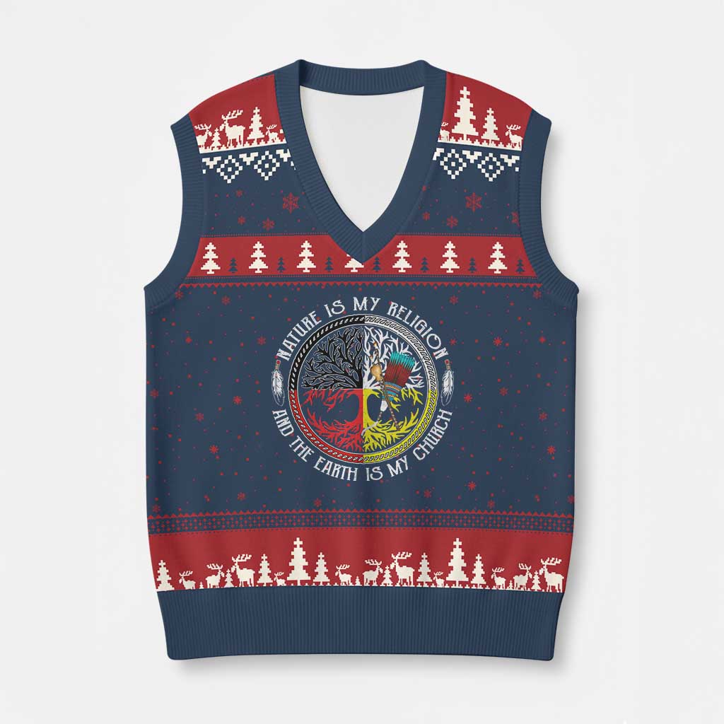 Native Americans V-Neck Knit Sweater Vest Nature Is My Religion And The Earth Is My Church Tree Peyote - Wonder Print Shop
