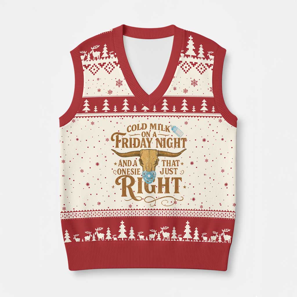 Funny Cold Milk On A Friday Night And A Onesie That Fits Just Right V-Neck Knit Sweater Vest Longhorn Cow Skull - Wonder Print Shop