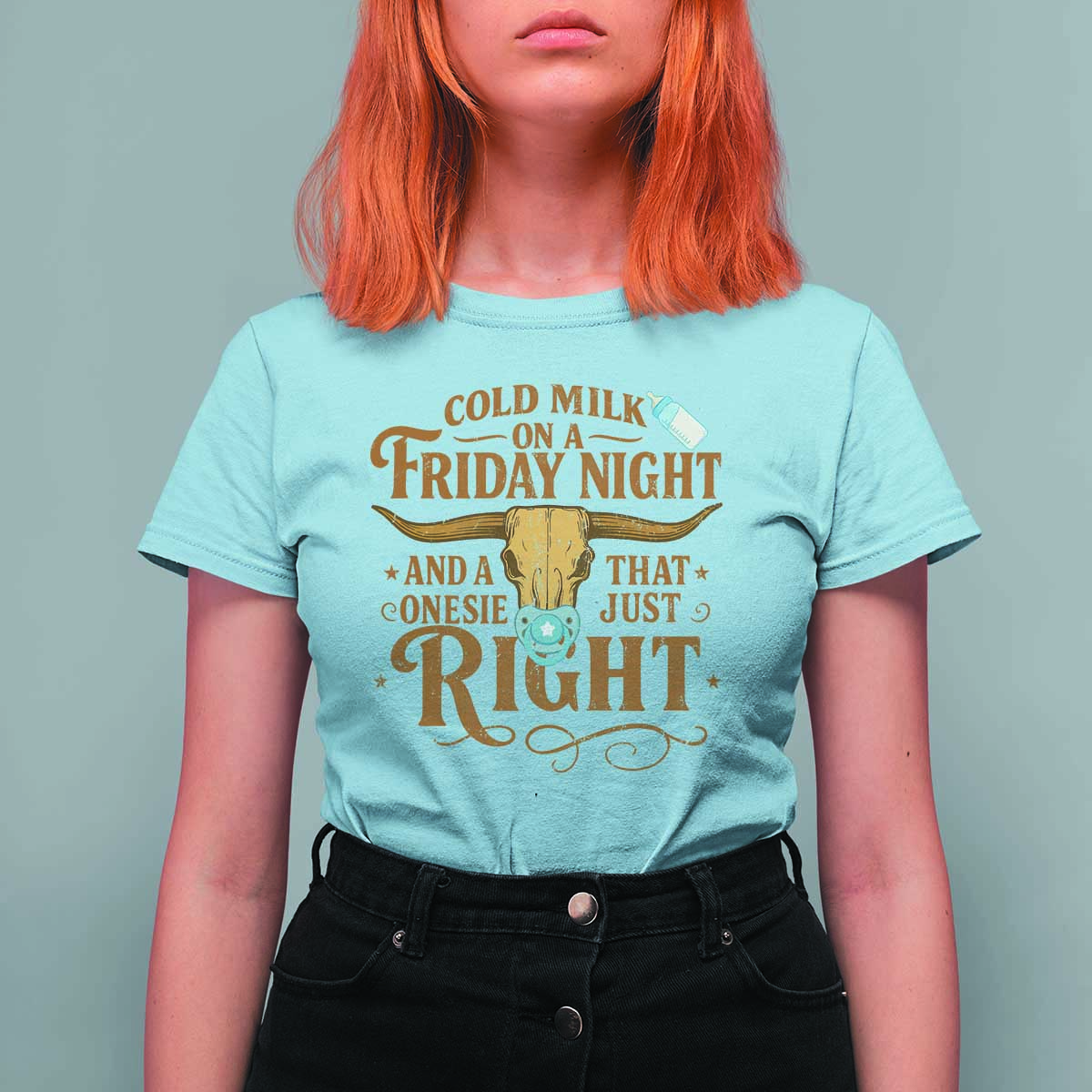 Funny Cold Milk On A Friday Night And A Onesie That Fits Just Right T Shirt For Women Longhorn Cow Skull - Wonder Print Shop