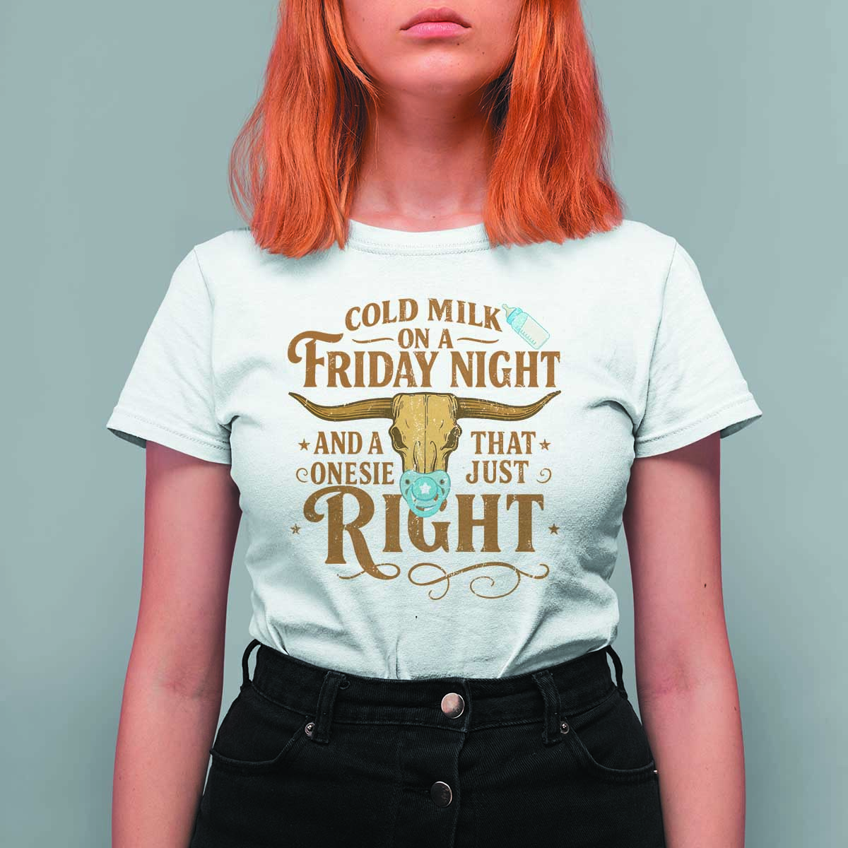 Funny Cold Milk On A Friday Night And A Onesie That Fits Just Right T Shirt For Women Longhorn Cow Skull - Wonder Print Shop