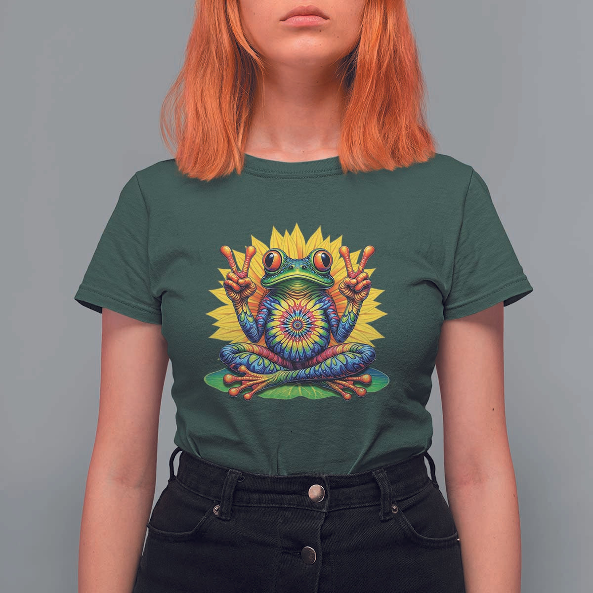 Tie Dye Frog Peace Sign Hippie Sunflower T Shirt For Women - Wonder Print Shop